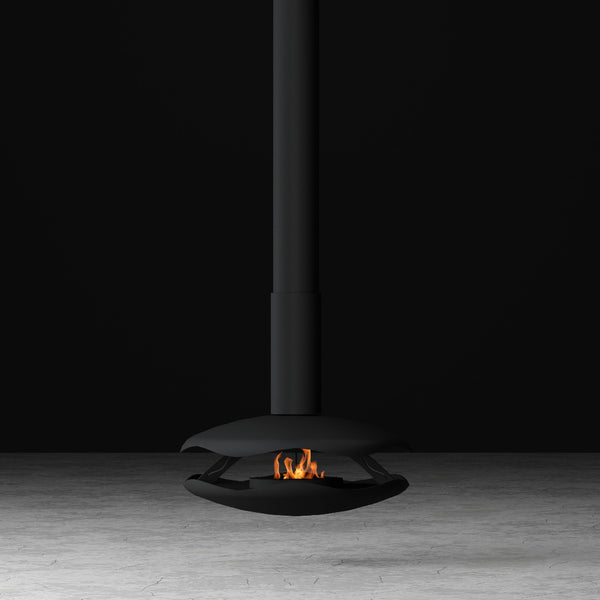 Modern black ceiling suspension bioethanol fireplace with flames against a dark background