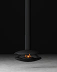 Modern black ceiling suspension bioethanol fireplace with flames against a dark background