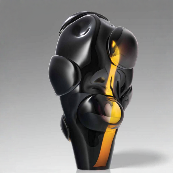 A limited edition Glasremis Sculpture Yellow Flash of Light on a white background.