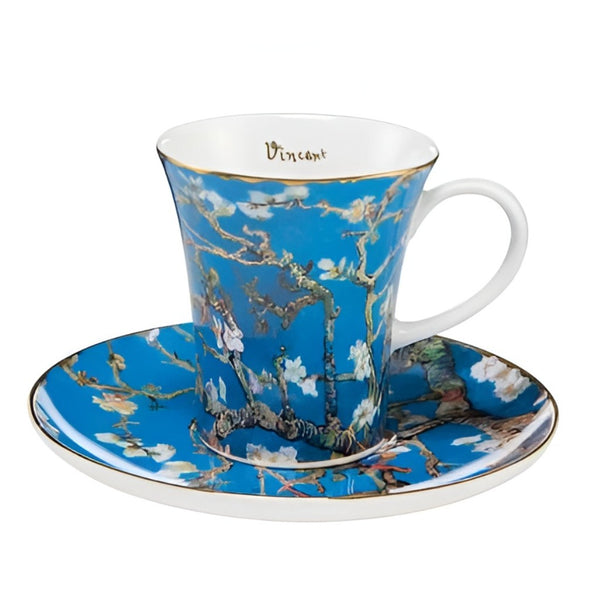 A Goebel Vincent van Gogh Almond Tree Blue Tea Cup 67021201 with an almond tree on it, inspired by artwork.