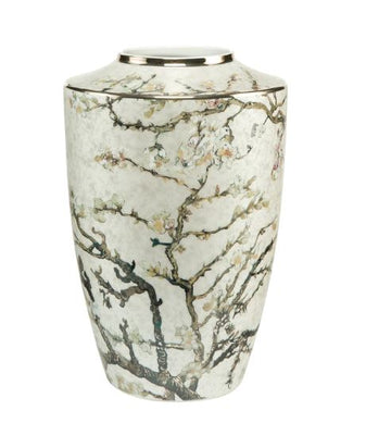 A Goebel Vincent Van Gogh Almond Tree Silver Vase 66539461 with a floral design on it, resembling artwork by Vincent van Gogh.