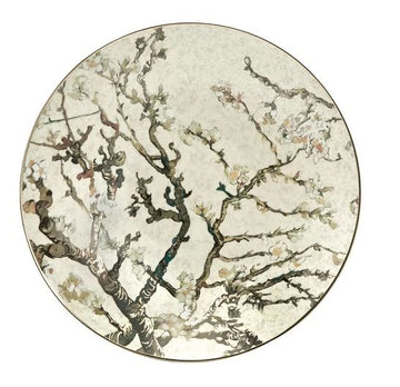 A stunning silver platter showcasing the Goebel Vincent Van Gogh Almond Tree Silver Platter 66500121 artwork of an almond tree.