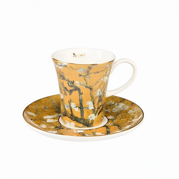A Goebel Vincent van Gogh Almond Tree Gold Tea Cup 67011571 with a gold finish and almond blossom design inspired by Vincent van Gogh.