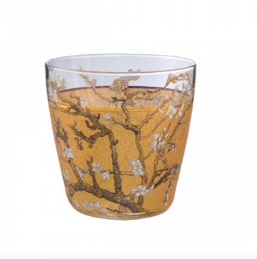 A spring-inspired Goebel Vincent Van Gogh Almond Tree Gold Candle Holder 67031611 with an almond blossom design, reminiscent of Vincent van Gogh's artwork.