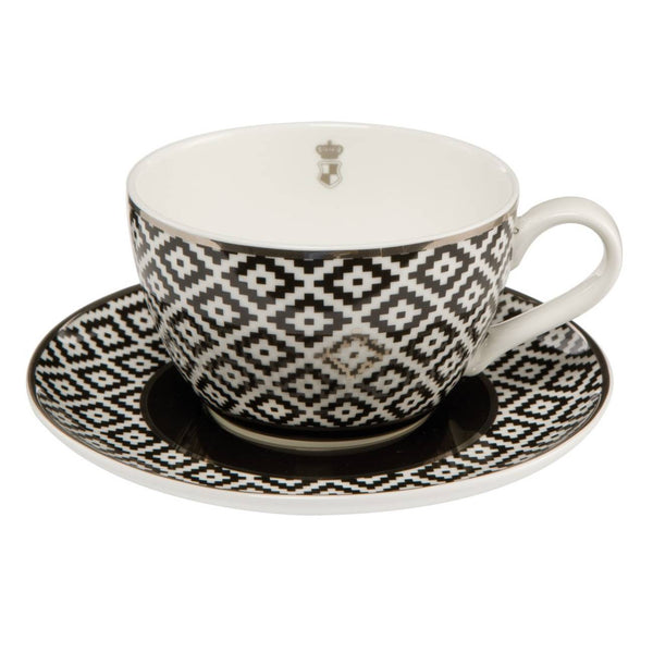 A Goebel Royal Maja Princess Diamonds Coffee Cup Saucer 27050061 from the Home Decor Collection Chateau with a black and white pattern.