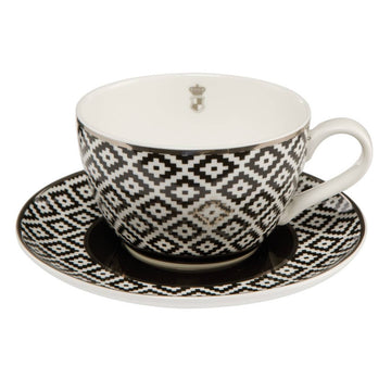 A Goebel Royal Maja Princess Diamonds Coffee Cup Saucer 27050061 from the Home Decor Collection Château with a black and white pattern.