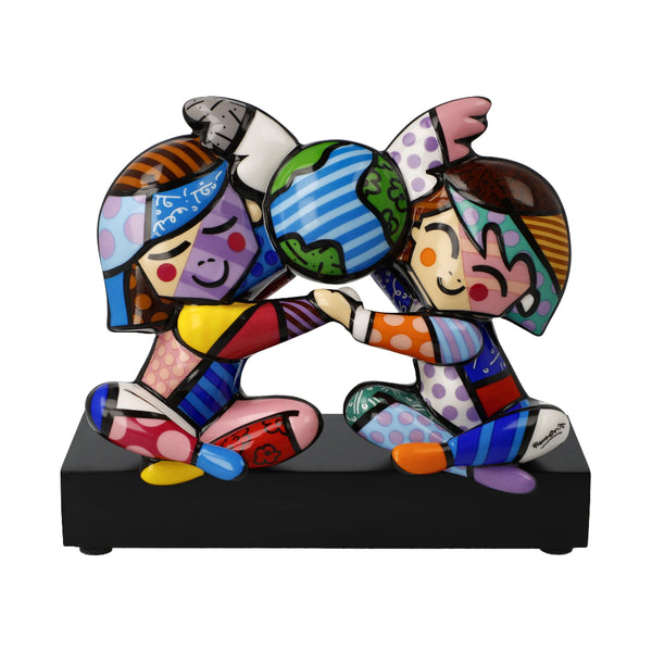Colorful figurine of two people holding hands with a world map between them on a white background by Romero britto available at Spacio retail and online stores in India. 