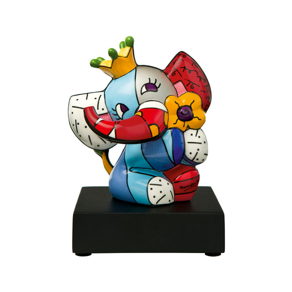 Colorful elephant figurine with a crown on a black base against a white background by Romero Britto available at Spacio retail and online stores in India. 