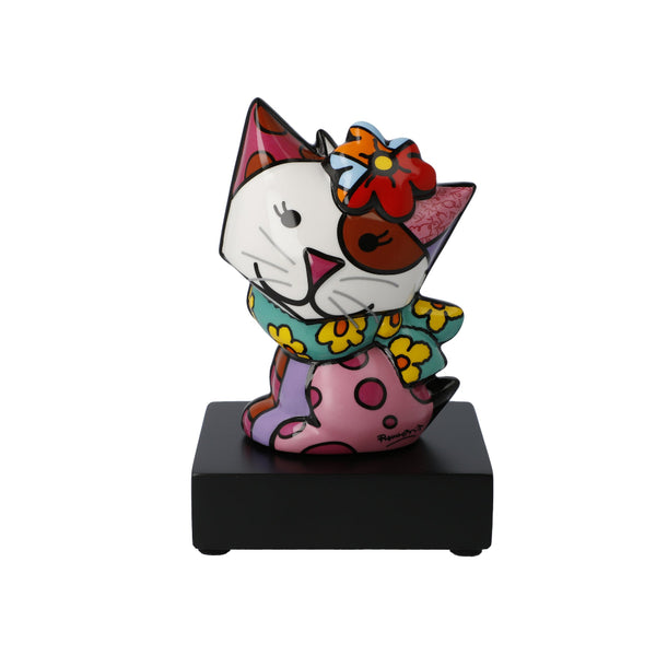 Colorful cat figurine with a black base on a white background by Romero Britto available at Spacio retail and online stores in India. 