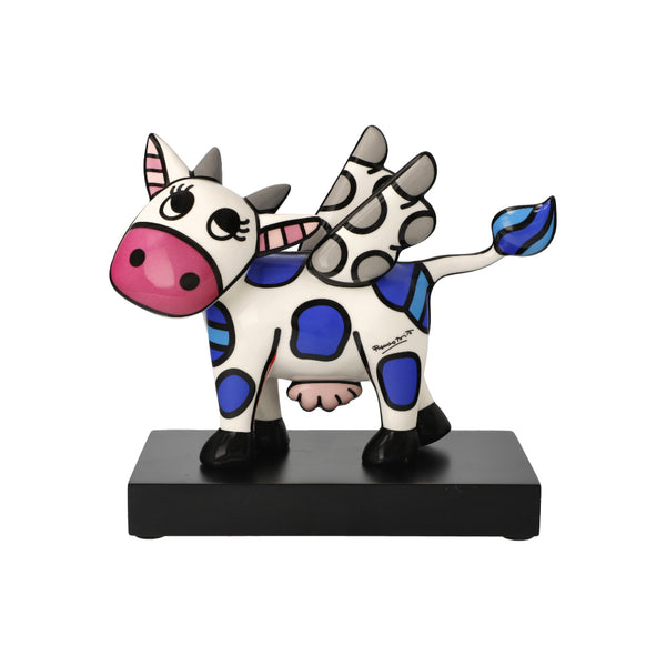 Colorful cow figurine with zebra stripes on a white background by Romero britto available at Spacio retail and online stores in India. 