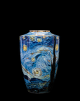 Side view of Starry Night Porcelain Vase Limited Edition by Vincent van Gogh on a pedestal against a black back ground available at Spacio India from the heirloom collection of Luxury Home Decor Accessories