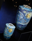 A pair of Starry Night Porcelain Vase Limited Edition by Vincent van Gogh on a pedestal against a dark blue back ground with lights available at Spacio India from the heirloom collection of Luxury Home Decor Accessories