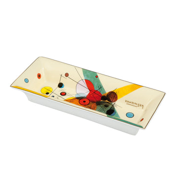 A rectangular porcelain tray with a colorful design inspired by Goebel Wassily Kandinsky Circles in a Circle Bowl 67100111.