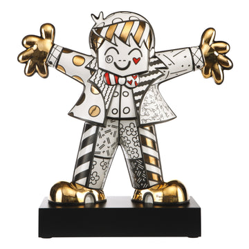 A vibrant Goebel Romero Britto Golden Hug Too Ceramic Sculpture (Limited Edition) with his arms outstretched, featuring an optimistic and joyful expression in a blaze of colors.