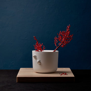 An attractive Haoshi Sparrow Vase Grand with modern design, featuring red flowers sitting on top of a wooden board.