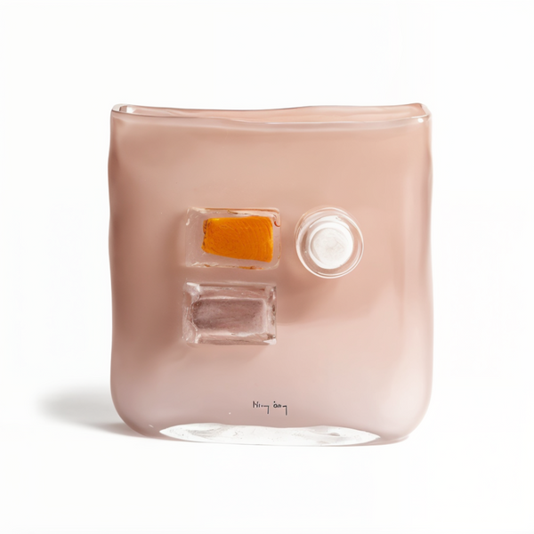Front view of the Canvas Zefiro Vase by Henry Dean, crafted in Belgium using hand-blown glass with embedded geometric textures; a luxury decor accessory exclusively available at Spacio India.