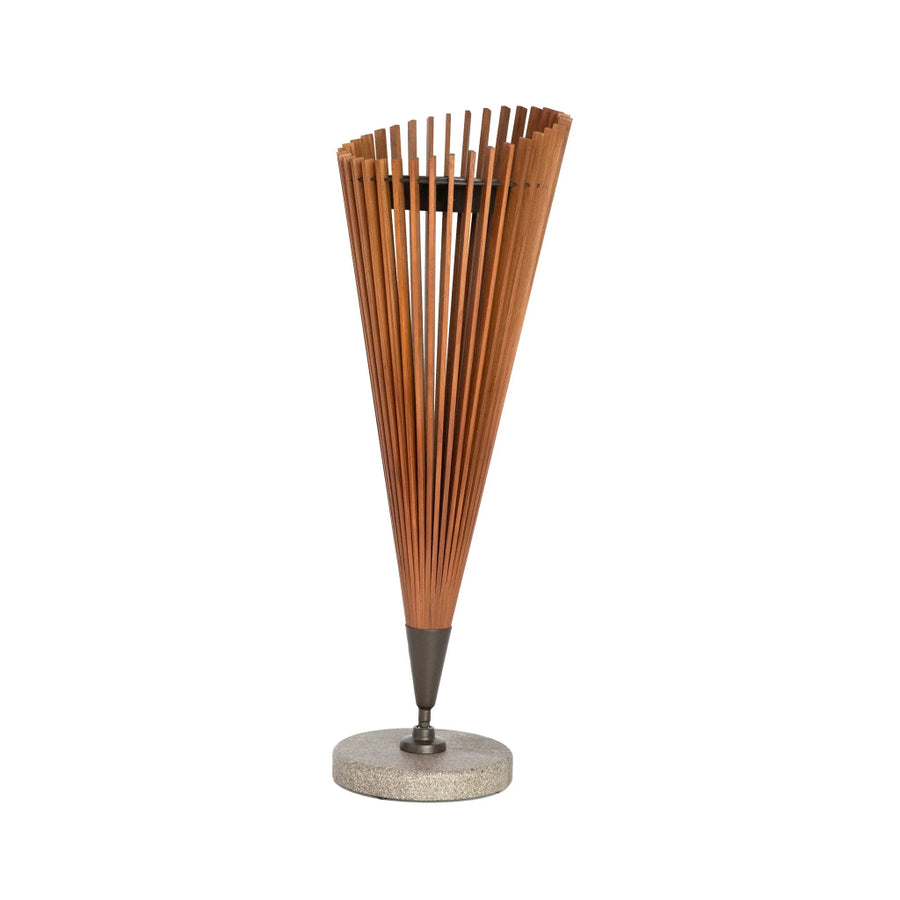 Tall, cone-shaped decorative solar lamp with wooden slats on a white background by Les Jardins available at Spacio retail stores in Mumbai & Kolkata.  