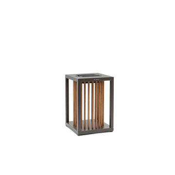 Square solar lantern with wooden slats on a white background 