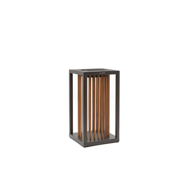 Small solar lanterns with wooden slats on a white background