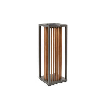 Decorative solar lantern with wooden slats and metal frame on a white background