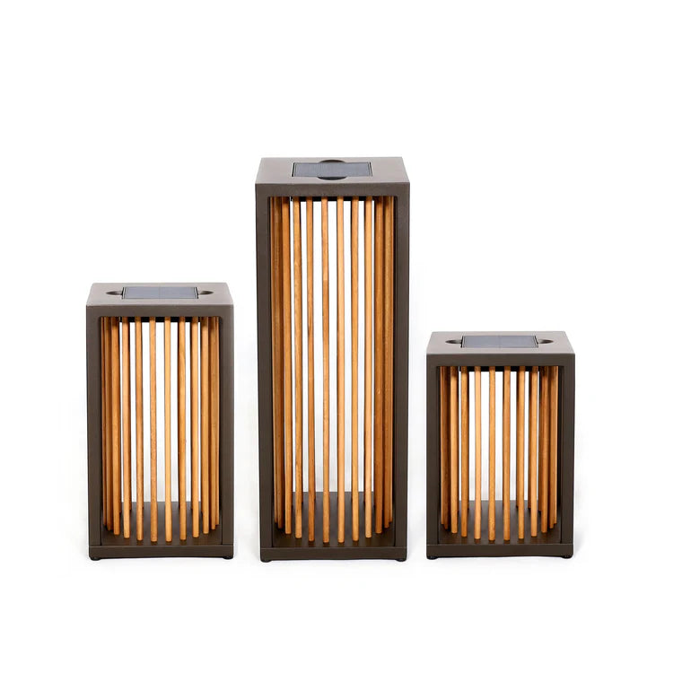 Three solar lights with wooden slats on a white background by Les Jardins available at Spacio retail stores in Mumbai & Kolkata. 