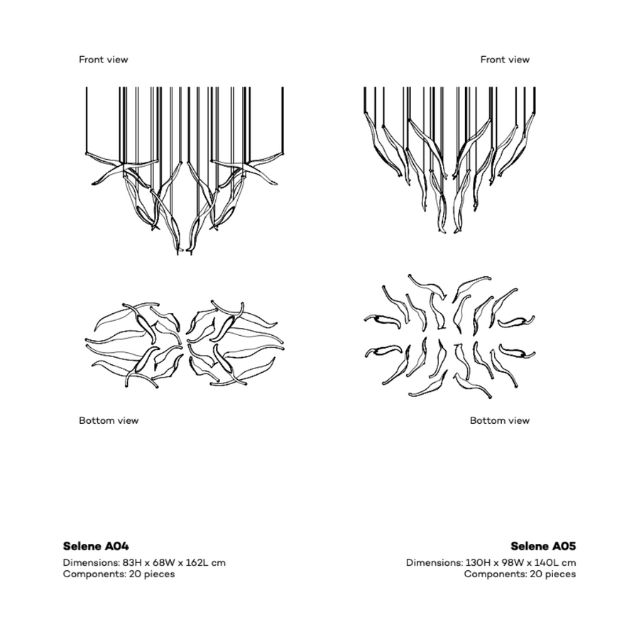 Technical details with front and bottom views on a white background of a fluid art light installation by Iris Cristal, available at Spacio retail stores in Mumbai & Kolkata.