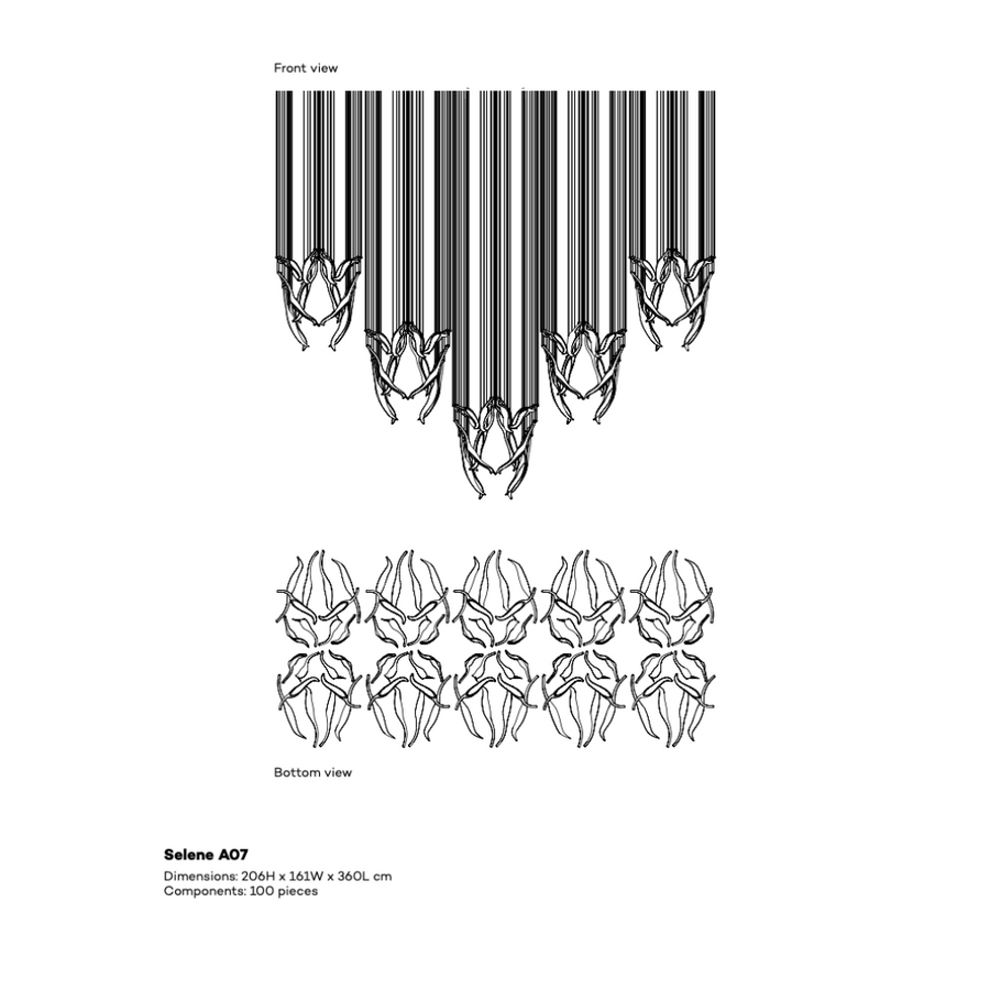 Technical details with front and bottom views on a white background of a fluid art light installation by Iris Cristal, available at Spacio retail stores in Mumbai & Kolkata.