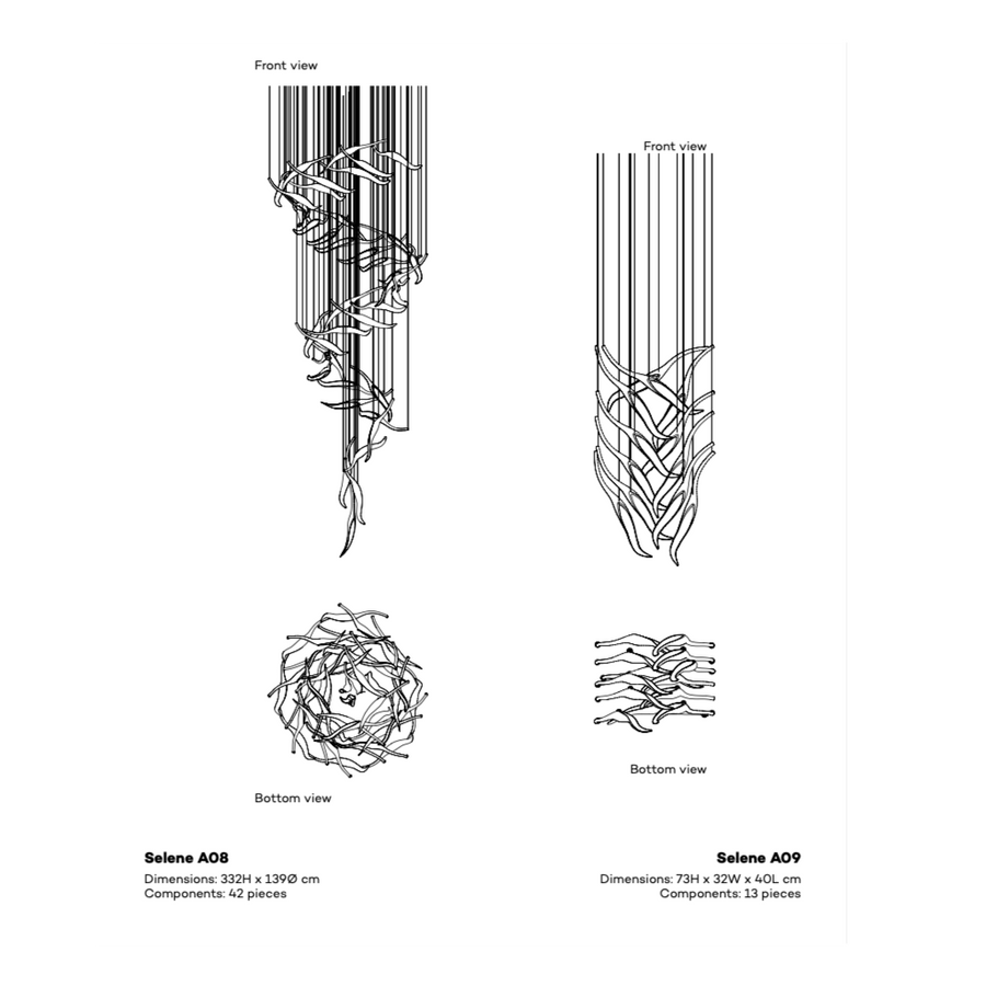 Technical details with front and bottom views on a white background of a fluid art light installation by Iris Cristal, available at Spacio retail stores in Mumbai & Kolkata.