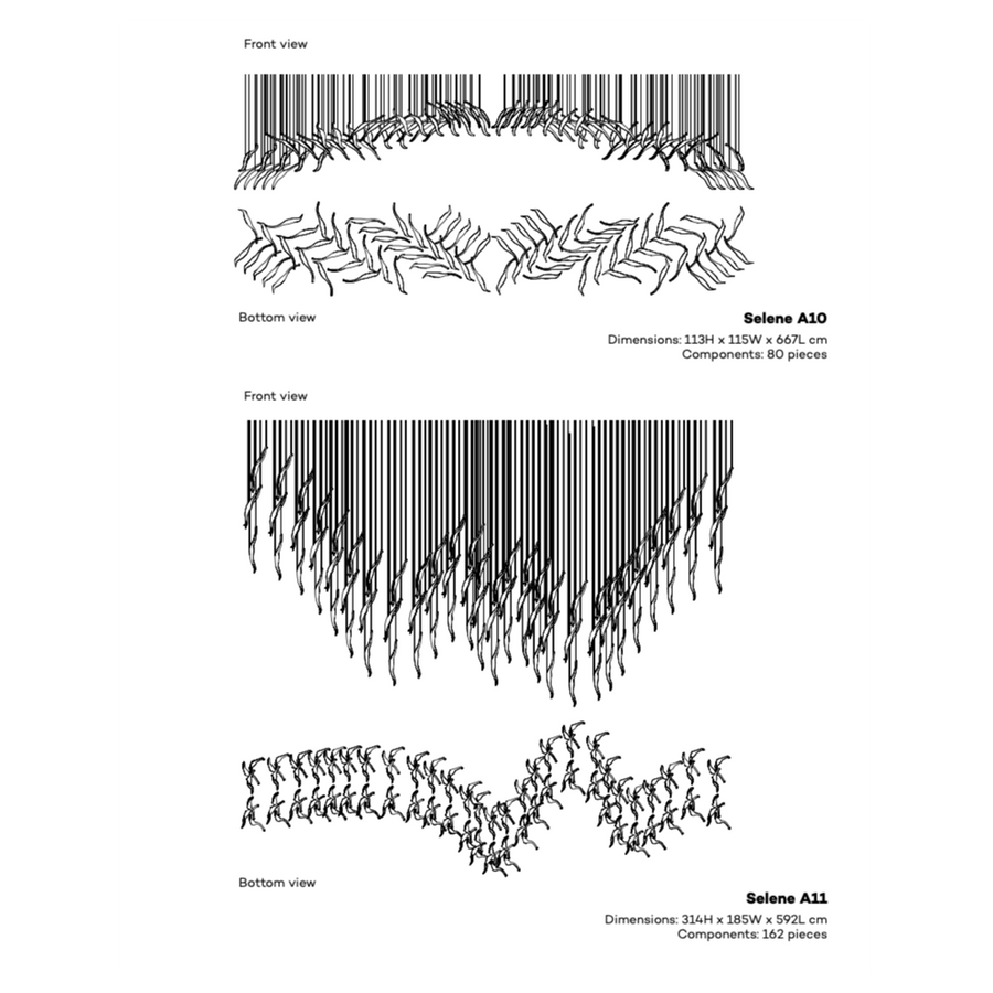 Technical details with front and bottom views on a white background of a fluid art light installation by Iris Cristal, available at Spacio retail stores in Mumbai & Kolkata.