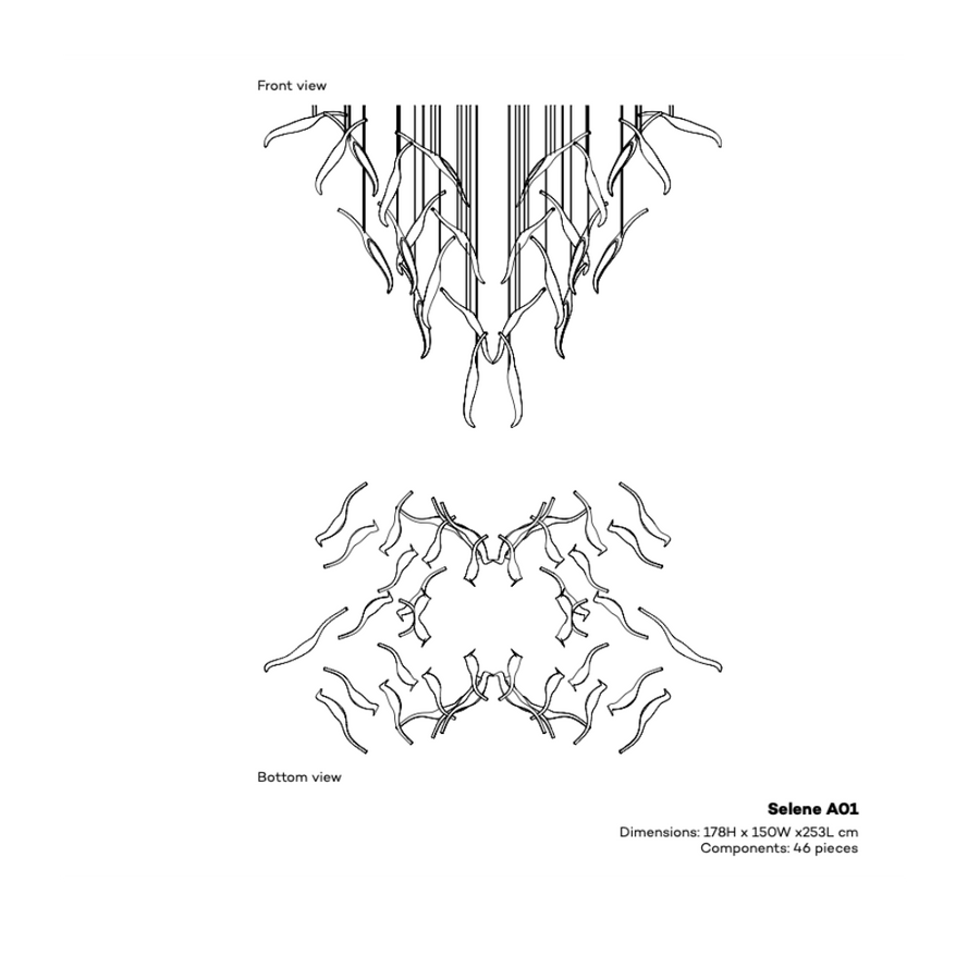 Technical drawings of a ceiling light fixture with front and bottom views, dimensions, and component count.