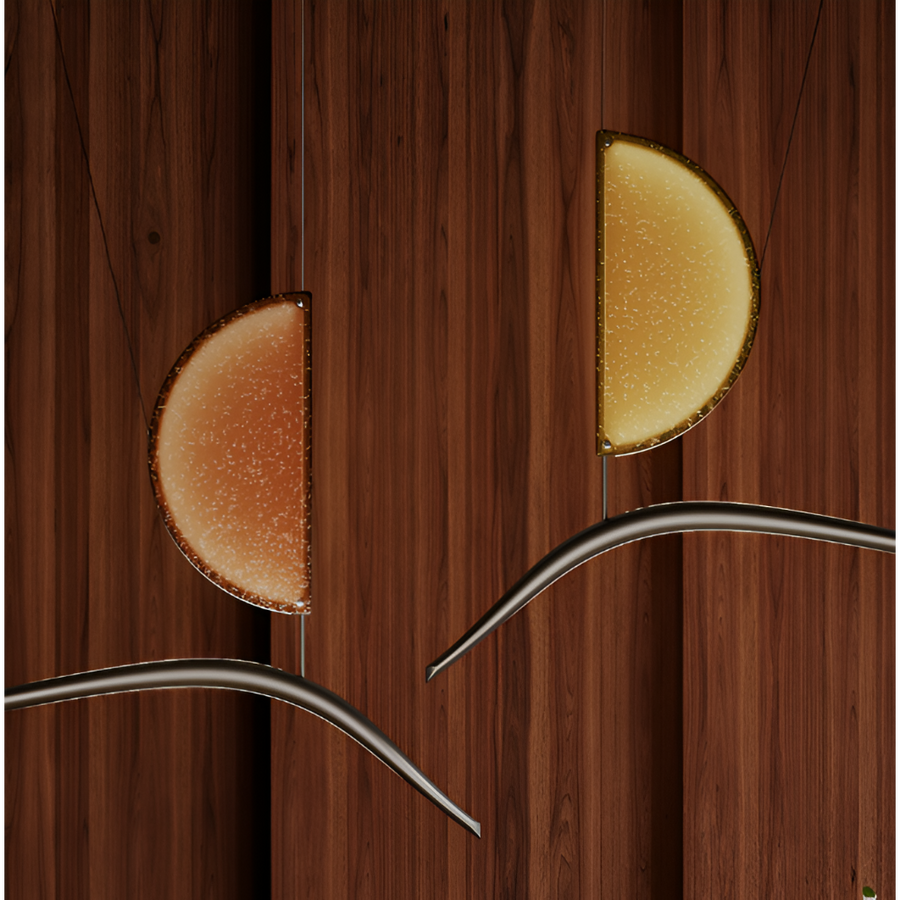 Close-up of a wooden surface with metal brackets and a half-circle lights from Italamp