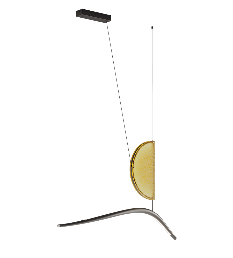 Modern pendant light with a gold half-circle design on a black background