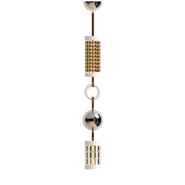 Decorative hanging light with metallic elements on a white background from Italamp available at Spacio in India.