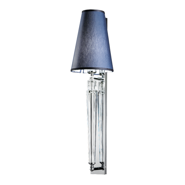 Wall-mounted lamp with a blue shade and clear cylindrical base on a white background by Italamp available at Spacio in India. 