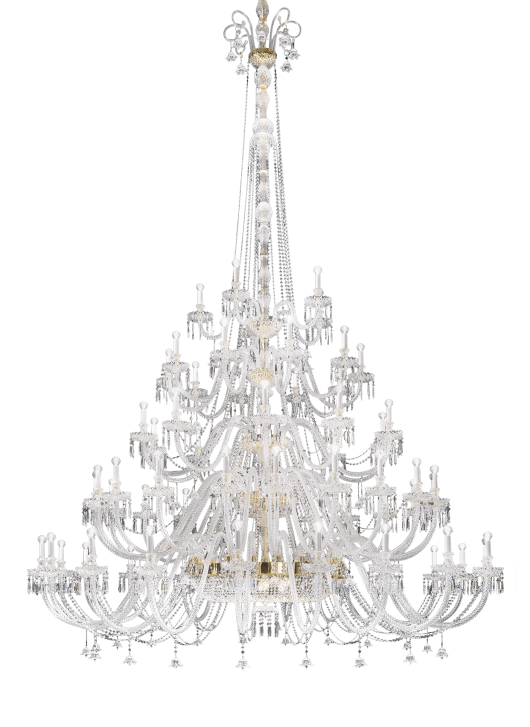 Full view of Italamp Dogma chandelier with tiered design and gold accents, a centrepiece in luxury decorative lighting, from Spacio India.
