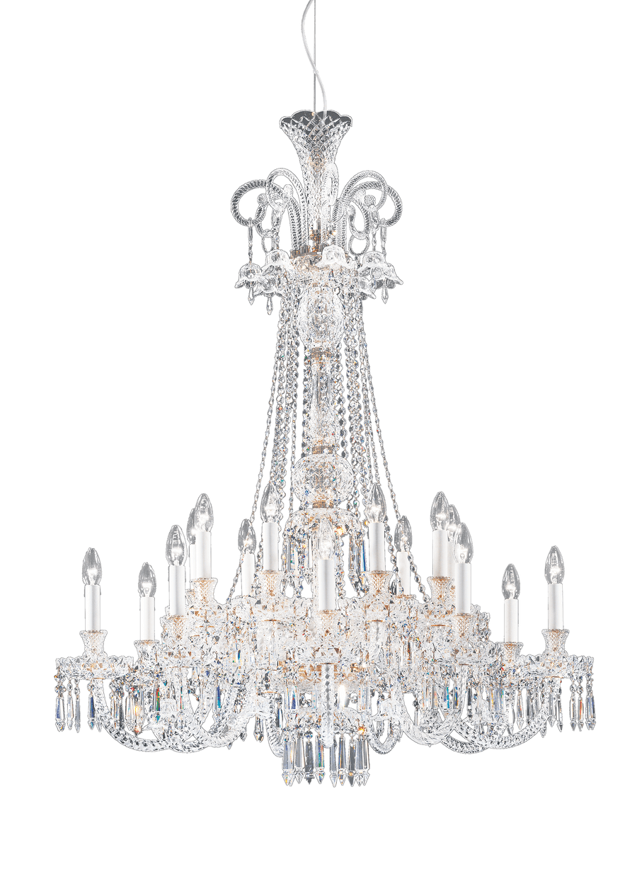 Elegant Italamp Dogma chandelier with intricate glass work and classic candle-like lights, showcasing Italian artistry at Spacio India.