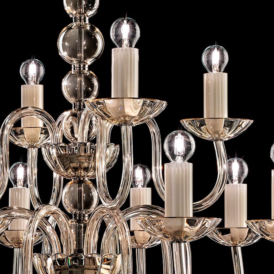 Detailed view of Italamp Evoque chandelier in clear glass with lights, Venetian-inspired modern lighting available at Spacio India.