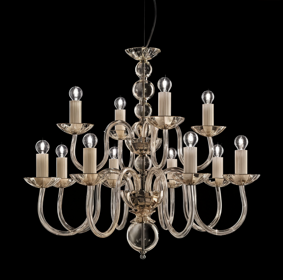 Large multi-tier Italamp Evoque chandelier in white glass with contemporary curves, premium Italian chandelier at Spacio India