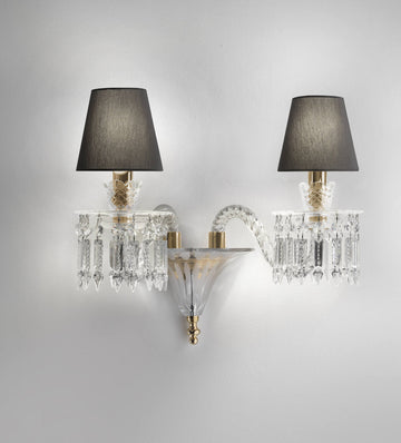 Full frontal view of Italamp Margot Wall Lamp with dual crystal arms, black fabric shades, and artistic glass, designed in Italy, at Spacio India.