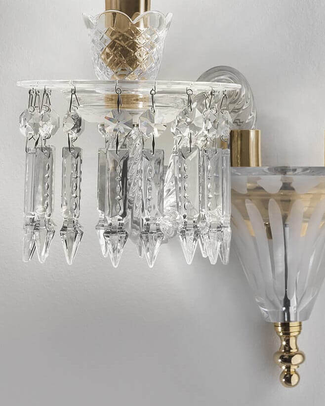 Elegant side view of Italamp Margot Wall Lamp with crystal drops and gold accents, crafted in Italy, available at Spacio India retail stores and online.