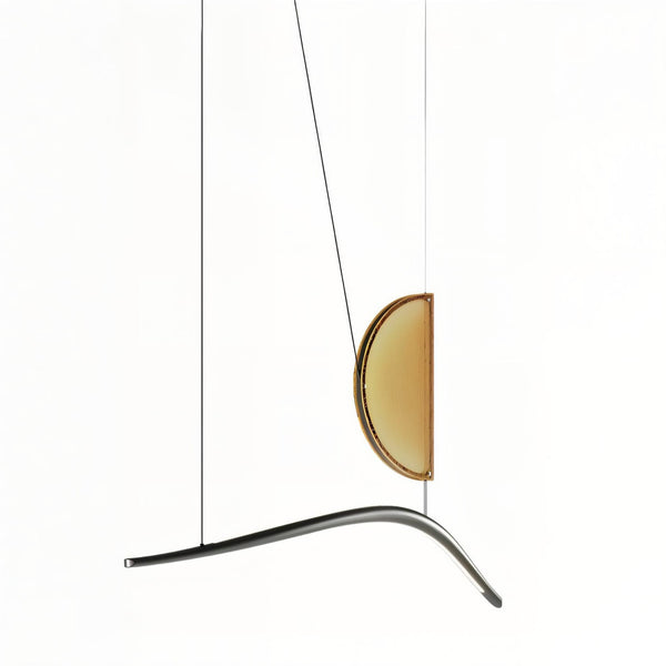 Close-up view of Italamp Borealis Suspension chandelier, crafted in Italy, featuring a curved metal frame and artistic amber glass, offered exclusively by Spacio India.