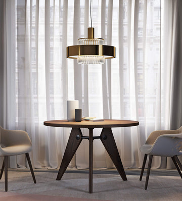 Italamp Crono Suspension Lamp with gold finish and etched glass details, featured in a modern dining room setting, available at Spacio India.