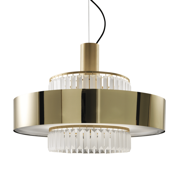 Close-up view of Italamp Crono Suspension Lamp showing polished gold metal frame and precision-cut glass pendants, showcased by Spacio India.