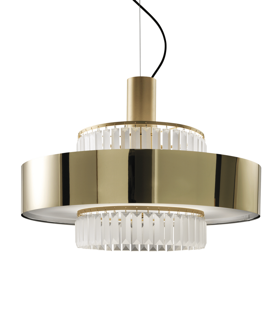 Close-up view of Italamp Crono Suspension Lamp showing polished gold metal frame and precision-cut glass pendants, showcased by Spacio India.