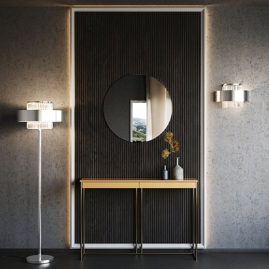 Modern hallway styled with Italamp Crono Wall Lamp from Italy, available at Spacio India. Features etched glass, satin gold structure, and a console table with luxury decor.
