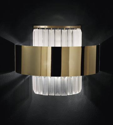 Close-up of Italamp Crono Wall Lamp with gold metal band and etched crystal glass, designed in Italy and available at Spacio India for luxury interior wall lighting.