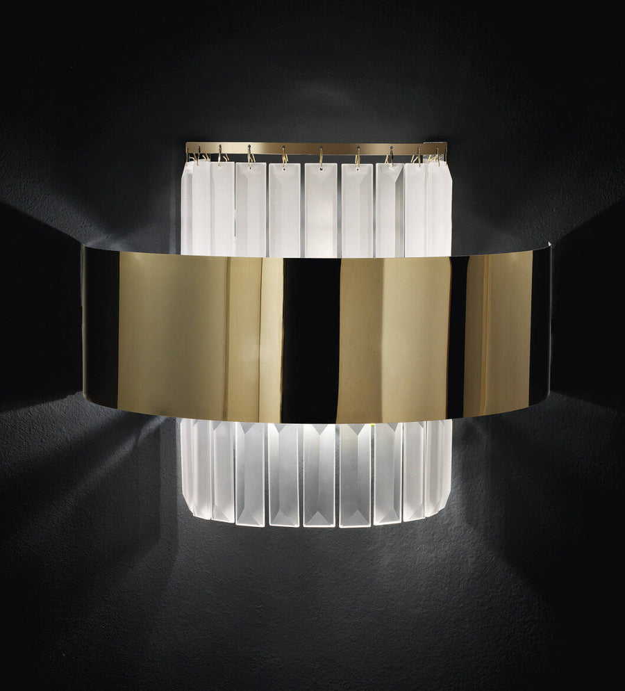 Close-up of Italamp Crono Wall Lamp with gold metal band and etched crystal glass, designed in Italy and available at Spacio India for luxury interior wall lighting.