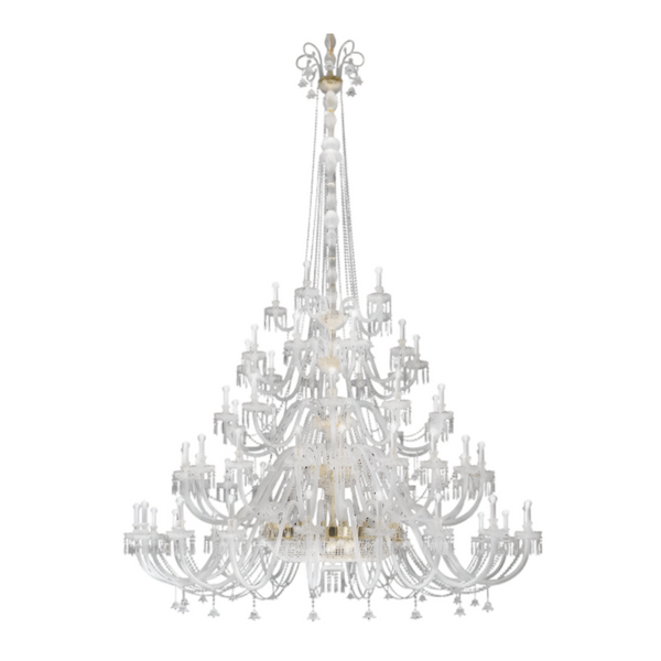 Full view of Italamp Dogma chandelier with tiered design and gold accents, a centrepiece in luxury decorative lighting, from Spacio India.