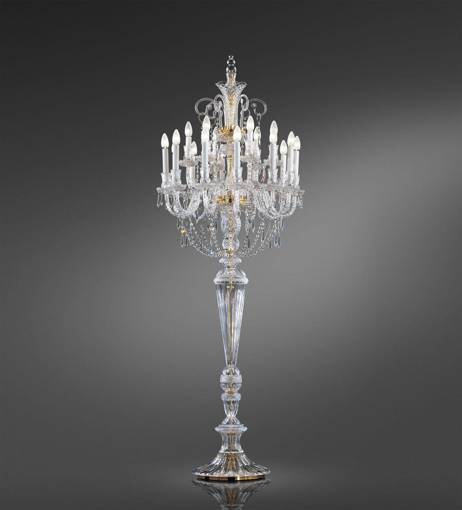 Italamp Dogma Floor Lamp from Italy featuring exquisite crystal arms and a luxurious tiered candelabra design, available at Spacio India for luxury interiors.