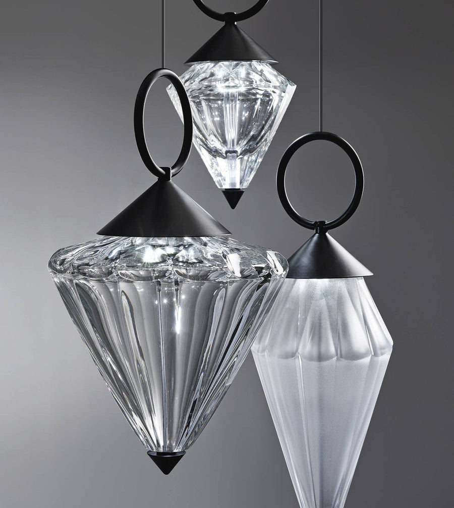 Close-up of Italamp Donna Suspension Lamp in black metal and etched crystal, showing refined Italian craftsmanship – available at Spacio India
